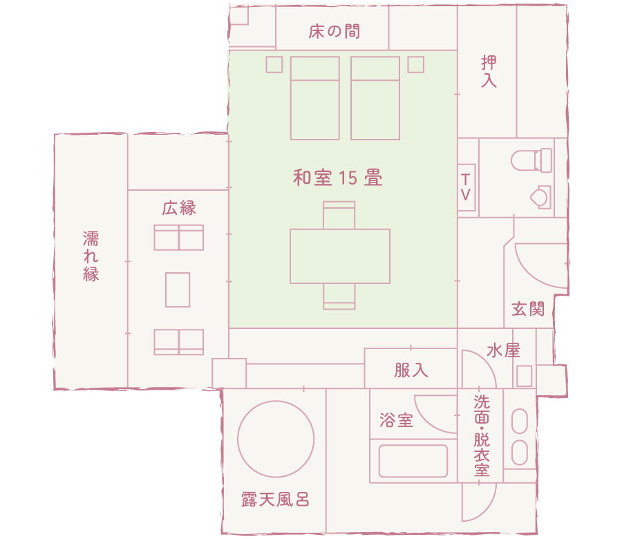 離れ「椿」露天風呂付きの間取り