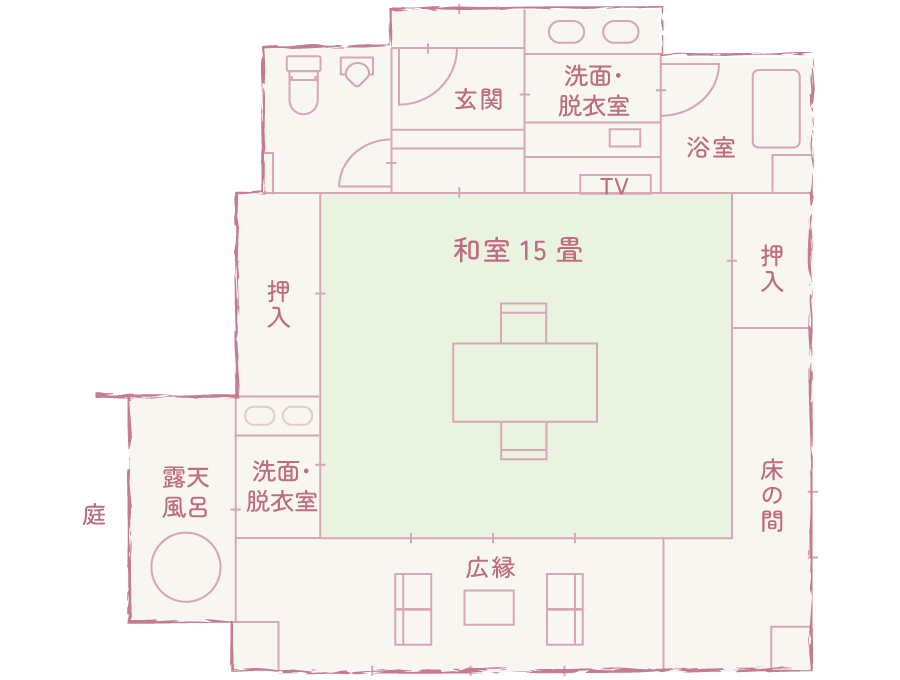 離れ「あやめ」檜内風呂付きの間取り